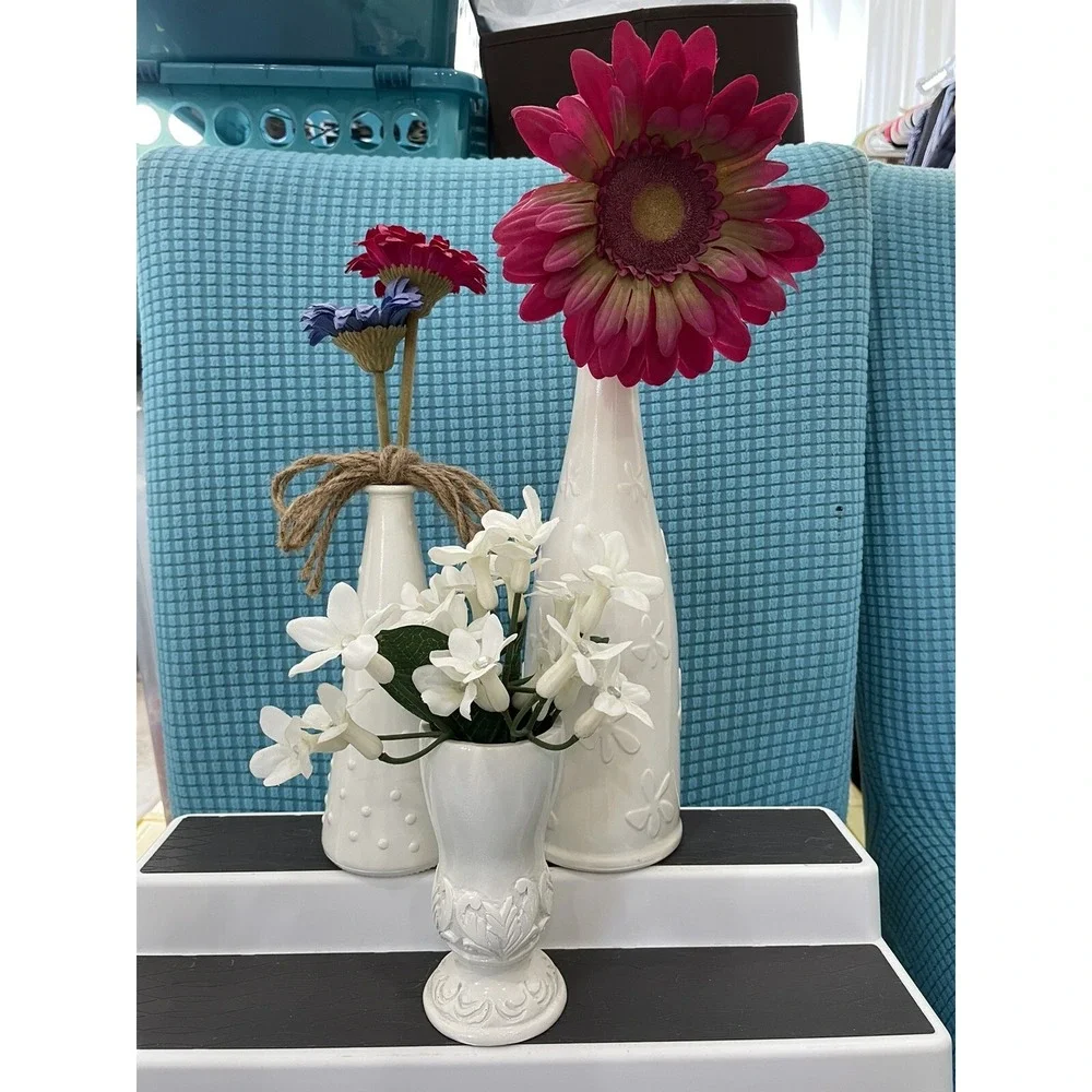 Farmhouse Style White Vases With Faux Flower Floral Painted Set Of 3